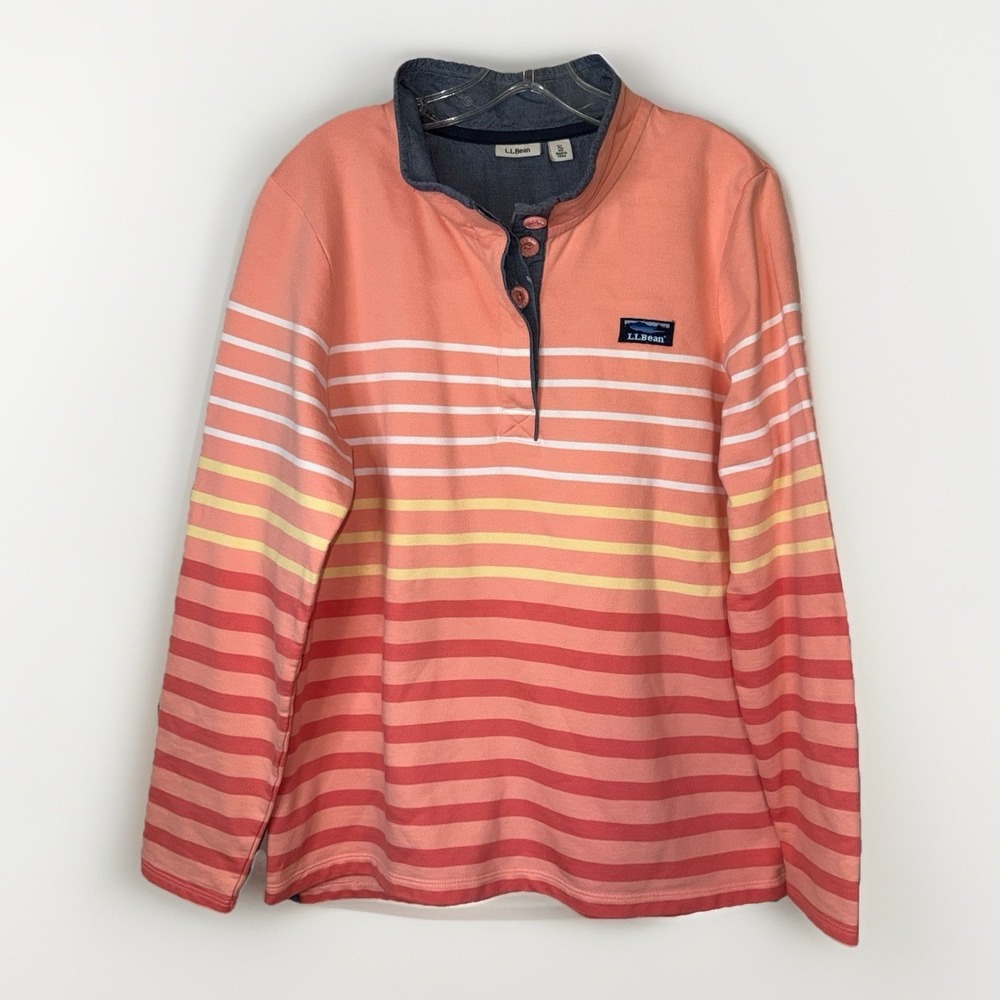 L.L.Bean Womens XL Stripe Button Neck Pullover Sweatshirt Coral Cotton 501241